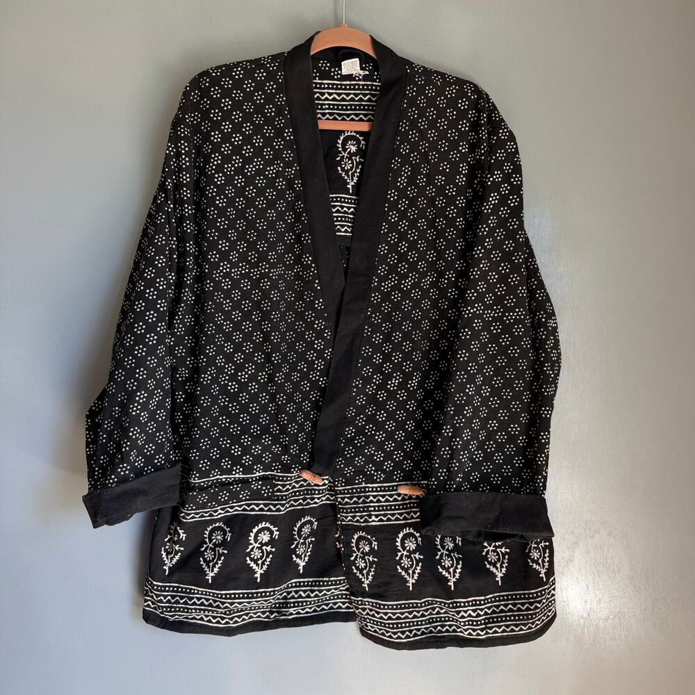 NO BRAND Women's M Black White Made in India Toggle Close Cotton Jacket Hippie